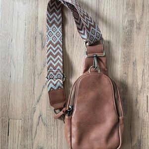 Anthropologie Brown Leather Crossbody Bag with Patterned Strap